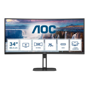 AOC Value-line CU34V5C/BK - V5 series - LED-Monitor - gebogen - 86.4 cm (34") - 3440 x 1440 WQHD @ 100 Hz - VA - 300 cd/m² - 3000:1 - 4 ms - HDMI, DisplayPort, USB-C - Lautsprecher - mattschwarz