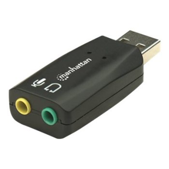 IC Intracom Manhattan USB-A Sound Adapter, USB-A to 3.5mm Mic-in and Audio-Out ports, 480 Mbps (USB 2.0), supports 3D and virtual 5.1 surround sound, Hi-Speed USB, Black, Three Year Warranty, Blister