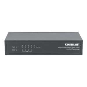 Intellinet PoE-Powered 5-Port Gigabit Switch with PoE Passthrough, 4 x PSE PoE ports, 1 x PD PoE port, IEEE 802.3at/af Power-over-Ethernet (PoE+/PoE), IEEE 802.3az Energy Efficient Ethernet, Desktop (Euro 2-pin plug)