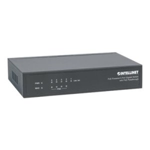 Intellinet PoE-Powered 5-Port Gigabit Switch with PoE Passthrough, 4 x PSE PoE ports, 1 x PD PoE port, IEEE 802.3at/af Power-over-Ethernet (PoE+/PoE), IEEE 802.3az Energy Efficient Ethernet, Desktop (Euro 2-pin plug)