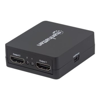 Manhattan HDMI Splitter 2-Port , 1080p, Black, Displays output from x1 HDMI source to x2 HD displays (same output to both displays), USB-A Powered (cable included, 0.7m), Three Year Warranty, Retail Box