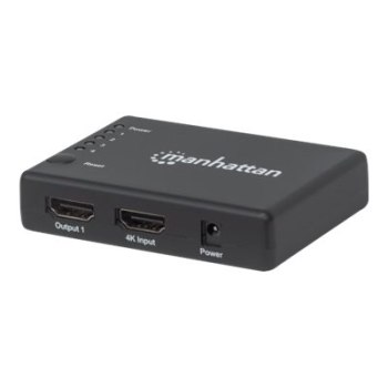 Manhattan HDMI Splitter 4-Port (Compact), 4K@30Hz, Displays output from x1 HDMI source to x4 HD displays (same output to four displays), AC Powered (cable 0.7m), Black, Three Year Warranty, Retail Box