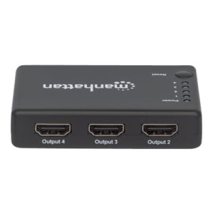 Manhattan HDMI Splitter 4-Port (Compact), 4K@30Hz, Displays output from x1 HDMI source to x4 HD displays (same output to four displays), AC Powered (cable 0.7m), Black, Three Year Warranty, Retail Box