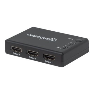 Manhattan HDMI Splitter 4-Port (Compact), 4K@30Hz, Displays output from x1 HDMI source to x4 HD displays (same output to four displays), AC Powered (cable 0.7m), Black, Three Year Warranty, Retail Box