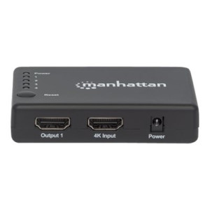 Manhattan HDMI Splitter 4-Port (Compact), 4K@30Hz, Displays output from x1 HDMI source to x4 HD displays (same output to four displays), AC Powered (cable 0.7m), Black, Three Year Warranty, Retail Box