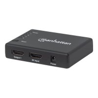 Manhattan HDMI Splitter 4-Port (Compact), 4K@30Hz, Displays output from x1 HDMI source to x4 HD displays (same output to four displays), AC Powered (cable 0.7m), Black, Three Year Warranty, Retail Box - Video-/Audio-Splitter - 4 x HDMI - Desktop