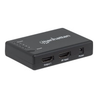 Manhattan HDMI Splitter 4-Port (Compact), 4K@30Hz, Displays output from x1 HDMI source to x4 HD displays (same output to four displays), AC Powered (cable 0.7m), Black, Three Year Warranty, Retail Box