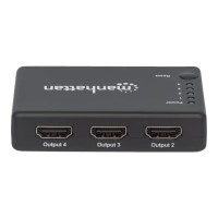 Manhattan HDMI Splitter 4-Port (Compact), 4K@30Hz, Displays output from x1 HDMI source to x4 HD displays (same output to four displays), AC Powered (cable 0.7m), Black, Three Year Warranty, Retail Box