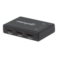 Manhattan HDMI Splitter 4-Port (Compact), 4K@30Hz, Displays output from x1 HDMI source to x4 HD displays (same output to four displays), AC Powered (cable 0.7m), Black, Three Year Warranty, Retail Box - Video-/Audio-Splitter - 4 x HDMI - Desktop