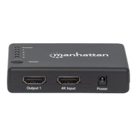 Manhattan HDMI Splitter 4-Port (Compact), 4K@30Hz, Displays output from x1 HDMI source to x4 HD displays (same output to four displays), AC Powered (cable 0.7m), Black, Three Year Warranty, Retail Box