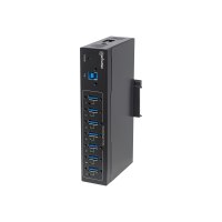 Manhattan USB-A 7-Port Hub Industrial, 7x USB-A Ports, 5 Gbps (USB 3.2 Gen1 aka USB 3.0), 20 kV ESD Protection, A/C, Bus and Terminal-Block Power Options, DIN Rail, Wall Mountable, Metal Housing, Screw-Lock Security, SuperSpeed USB, Black, Three Year Warr