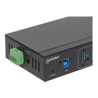 Manhattan USB-A 7-Port Hub Industrial, 7x USB-A Ports, 5 Gbps (USB 3.2 Gen1 aka USB 3.0), 20 kV ESD Protection, A/C, Bus and Terminal-Block Power Options, DIN Rail, Wall Mountable, Metal Housing, Screw-Lock Security, SuperSpeed USB, Black, Three Year Warr