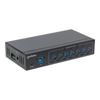 Manhattan USB-A 7-Port Hub Industrial, 7x USB-A Ports, 5 Gbps (USB 3.2 Gen1 aka USB 3.0), 20 kV ESD Protection, A/C, Bus and Terminal-Block Power Options, DIN Rail, Wall Mountable, Metal Housing, Screw-Lock Security, SuperSpeed USB, Black, Three Year Warr