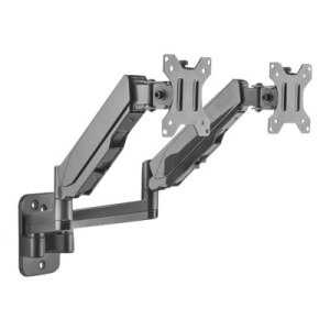 Manhattan TV & Monitor Mount, Wall, Full Motion (Gas Spring), 2 screens, Screen Sizes: 17-32", Black, Dual Screen, VESA 75x75 to 100x100mm, Max 8kg (each), Tilt & Swivel with 3 Pivots, Lifetime Warranty