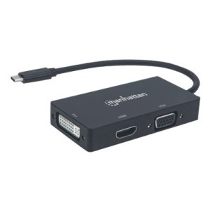 Manhattan USB-C Dock/Hub, Ports (x3): DVI-I, HDMI and VGA Ports, Note: Only One Port can be used at a time, External Power Supply Not Needed, Cable 10cm, Black, Three Year Warranty, Blister - Videoadapter - 24 pin USB-C männlich zu HD-15 (VGA)