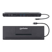 Manhattan USB-C Dock/Hub with Card Reader and MST, Ports (x9): Audio 3.5mm, DisplayPort, Ethernet, HDMI, USB-A (x3), USB-C and VGA, With Power Delivery (100W) to USB-C Port (Note add USB-C wall charger and USB-C cable needed),All Ports can be used at the