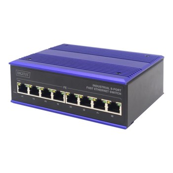 DIGITUS 8 Port Fast Ethernet Netzwerk Switch, Industrial, Unmanaged, 1 RJ45 Uplink