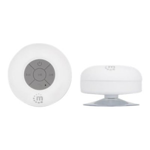 Manhattan Bluetooth Shower Speaker (Clearance Pricing), Waterproof design with suction-cup mount, Omnidirectional Mic, Integrated Controls, 5 hour Playback time, Range 10m, Output 3W, USB-A charging cable included, Bluetooth v4.0, White, 3 Years Warranty,