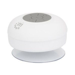 Manhattan Bluetooth Shower Speaker (Clearance Pricing), Waterproof design with suction-cup mount, Omnidirectional Mic, Integrated Controls, 5 hour Playback time, Range 10m, Output 3W, USB-A charging cable included, Bluetooth v4.0, White, 3 Years Warranty,