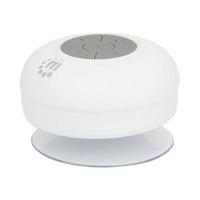 Manhattan Bluetooth Shower Speaker (Clearance Pricing), Waterproof design with suction-cup mount, Omnidirectional Mic, Integrated Controls, 5 hour Playback time, Range 10m, Output 3W, USB-A charging cable included, Bluetooth v4.0, White, 3 Years Warranty,