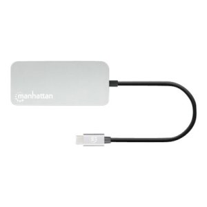 Manhattan USB-C Dock/Hub with Card Reader, Ports (x6): Ethernet, HDMI, USB-A (x3) and USB-C, With Power Delivery (10W) to USB-C Port (Note additional USB-C wall charger and USB-C cable needed), Cable 15cm, Aluminium, Silver, Three Year Warranty, Retail Bo