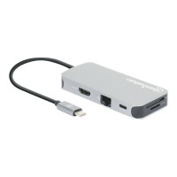 Manhattan USB-C Dock/Hub with Card Reader, Ports (x6): Ethernet, HDMI, USB-A (x3) and USB-C, With Power Delivery (10W) to USB-C Port (Note additional USB-C wall charger and USB-C cable needed), Cable 15cm, Aluminium, Silver, Three Year Warranty, Retail Bo