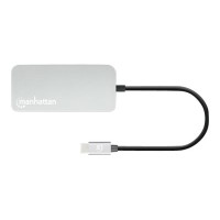 Manhattan USB-C Dock/Hub with Card Reader, Ports (x6): Ethernet, HDMI, USB-A (x3) and USB-C, With Power Delivery (10W) to USB-C Port (Note additional USB-C wall charger and USB-C cable needed), Cable 15cm, Aluminium, Silver, Three Year Warranty, Retail Bo