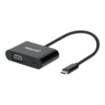 Manhattan USB-C to VGA and USB-C (inc Power Delivery), 1080p@60Hz, 19.5cm, Black, Power Delivery to USB-C Port (60W), Male to Female, Lifetime Warranty, Retail Box