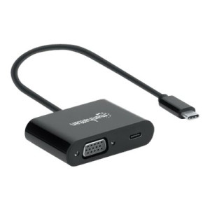 Manhattan USB-C to VGA and USB-C (inc Power Delivery), 1080p@60Hz, 19.5cm, Black, Power Delivery to USB-C Port (60W), Male to Female, Lifetime Warranty, Retail Box