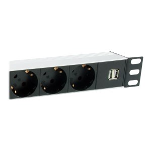 equip Pro - Stromverteilungseinheit (Rack - einbaufähig) - Wechselstrom 220-240 V - 3500 Watt - Eingabe, Eingang CEE 7/7 - Ausgangsanschlüsse: 7 (CEE 7/7, 2 x USB) - 1U - 48.3 cm (19") - 1.8 m Schnur - Deutschland - Schwarz, Silber