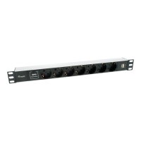 equip Pro - Stromverteilungseinheit (Rack - einbaufähig) - Wechselstrom 220-240 V - 3500 Watt - Eingabe, Eingang CEE 7/7 - Ausgangsanschlüsse: 7 (CEE 7/7, 2 x USB) - 1U - 48.3 cm (19") - 1.8 m Schnur - Deutschland - Schwarz, Silber