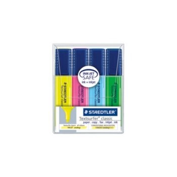 Staedtler Textsurfer 364 WP4. Menge pro Packung: 4 Stück(e), Schreibfarben: Blau, Grün, Pink, Gelb, Typ der Spitze: Meißel. Verpackungsart: Sichtverpackung