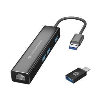 Conceptronic USB-Hub 3Port USB-C->USB-A 3.0/Giga.+Adapter - Corsa - 3-port