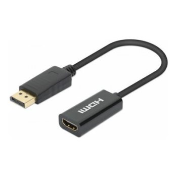 Manhattan DisplayPort 1.2 to HDMI Active Adapter, 4K@60Hz, 15cm, Male to Female, DP With Latch, Black, Not Bi-Directional, Three Year Warranty, Polybag