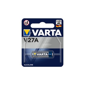 Varta V27A. Akku-/Batterietyp: Einwegbatterie, Batteriegröße: LR27A, Batterietechnologie: Alkali. Höhe: 28,2 mm, Durchmesser (mm): 8 mm, Gewicht: 4,4 g. Verpackungsart: Sichtverpackung. Batterie Formfaktor: Zylindrische