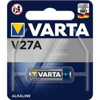 Varta V27A. Akku-/Batterietyp: Einwegbatterie, Batteriegröße: LR27A, Batterietechnologie: Alkali. Höhe: 28,2 mm, Durchmesser (mm): 8 mm, Gewicht: 4,4 g. Verpackungsart: Sichtverpackung. Batterie Formfaktor: Zylindrische