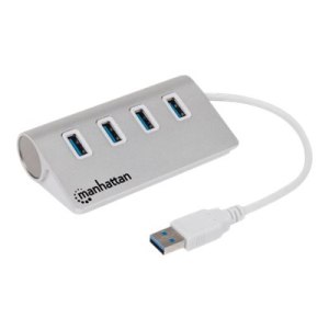 Manhattan USB-A 4-Port Hub, 4x USB-A Ports, 5 Gbps (USB 3.2 Gen1 aka USB 3.0), Bus Powered, Fast charging up to 0.9A, SuperSpeed USB, Aluminium Housing, Windows and Mac, Silver, Three Year Warranty, Blister - Hub - 4 x SuperSpeed USB 3.0 - Desktop