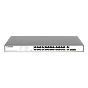 DIGITUS 24-Port Gigabit PoE Netzwerkswitch, 19 Zoll, unmanaged, 2 Uplink Ports, SFP, 370 W, af/at