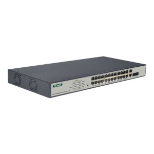 DIGITUS 24-Port Gigabit PoE Netzwerkswitch, 19 Zoll, unmanaged, 2 Uplink Ports, SFP, 370 W, af/at