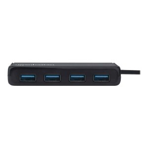 Manhattan USB-A 4-Port Hub, 4x USB-A Ports, 5 Gbps (USB 3.2 Gen1 aka USB 3.0), Bus Power, Equivalent to Startech ST4300PBU3 & ST4300MINU3B, SuperSpeed USB, Black, Three Year Warranty, Box - Hub - 4 x USB 3.2 Gen 1 - Desktop