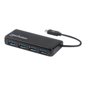 Manhattan USB-C Dock/Hub, Ports (4): USB-A (x4), 5 Gbps (USB 3.2 Gen1 aka USB 3.0), External Power Supply Not Needed, Equivalent to Startech HB30CM4AB, SuperSpeed USB, Black, Three Year Warranty, Retail Box - Hub - 4 x USB 3.2 Gen 1 - Desktop