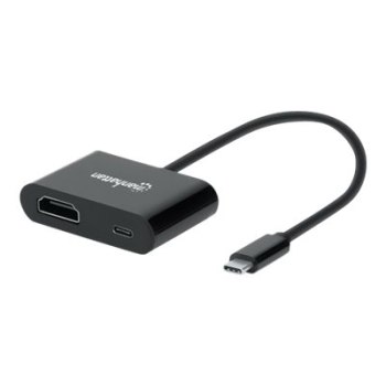 Manhattan USB-C to HDMI and USB-C (inc Power Delivery), 4K@60Hz, 19.5cm, Black, Power Delivery to USB-C Port (60W), Equivalent to Startech CDP2HDUCP, Male to Females, Lifetime Warranty, Retail Box - Videoadapter - 24 pin USB-C männlich zu HDMI weiblich -