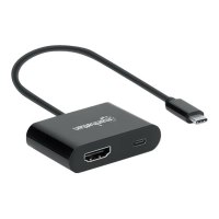 Manhattan USB-C to HDMI and USB-C (inc Power Delivery), 4K@60Hz, 19.5cm, Black, Power Delivery to USB-C Port (60W), Equivalent to Startech CDP2HDUCP, Male to Females, Lifetime Warranty, Retail Box - Videoadapter - 24 pin USB-C männlich zu HDMI weiblich -