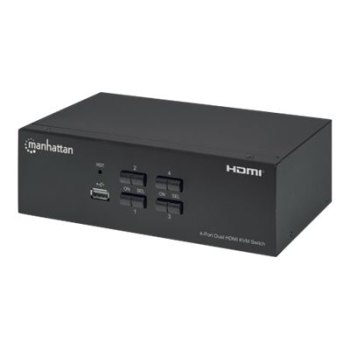 Manhattan HDMI KVM Switch 4-Port, 4K@30Hz, USB-A/3.5mm Audio/Mic Connections, Cables included, Audio Support, Control 4x computers from one pc/mouse/screen, USB Powered, Black, Three Year Warranty, Boxed - KVM-/Audio-/USB-Switch - 4 x KVM/Audio - 1 lokale