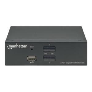 Manhattan DisplayPort 1.2 KVM Switch 2-Port, 4K@60Hz, USB-A/3.5mm Audio/Mic Connections, Cables included, Audio Support, Control 2x computers from one pc/mouse/screen, USB Powered, Black, Three Year Warranty, Boxed - KVM-/Audio-/USB-Switch - 2 x KVM/Audio