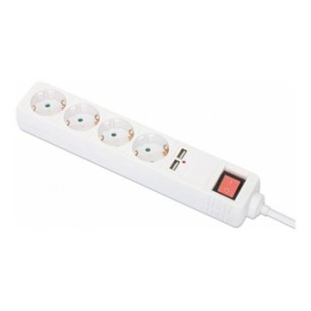 Manhattan Power Distribution Unit EU (2-pin), x4 gang/output & x2 USB-A ports with on/off switch, 2m cable, 16A, White, Extension Lead, PDU, Power Strip, 2.1A shared USB-A output, Three Year Warranty - Steckdosenleiste - Schutzkontakt - AC 220-250 V - 368