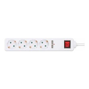 Manhattan Power Distribution Unit EU (2-pin), x4 gang/output & x2 USB-A ports with on/off switch, 2m cable, 16A, White, Extension Lead, PDU, Power Strip, 2.1A shared USB-A output, Three Year Warranty - Steckdosenleiste - Schutzkontakt - AC 220-250 V - 368