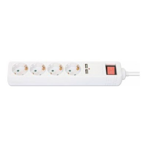 Manhattan Power Distribution Unit EU (2-pin), x4 gang/output & x2 USB-A ports with on/off switch, 2m cable, 16A, White, Extension Lead, PDU, Power Strip, 2.1A shared USB-A output, Three Year Warranty - Ciabatta - Schuko - AC 220-250 V - 368