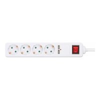 Manhattan Power Distribution Unit EU (2-pin), x4 gang/output & x2 USB-A ports with on/off switch, 2m cable, 16A, White, Extension Lead, PDU, Power Strip, 2.1A shared USB-A output, Three Year Warranty - Steckdosenleiste - Schutzkontakt - AC 220-250 V - 368