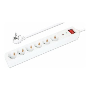 Manhattan Power Distribution Unit EU (2-pin), x6 gang/output with on/off switch (neon) and Surge Protection, 2m cable, 16A, White, Extension Lead, PDU, Power Strip, Three Year Warranty - socket strip - with surge protection, switch - output con